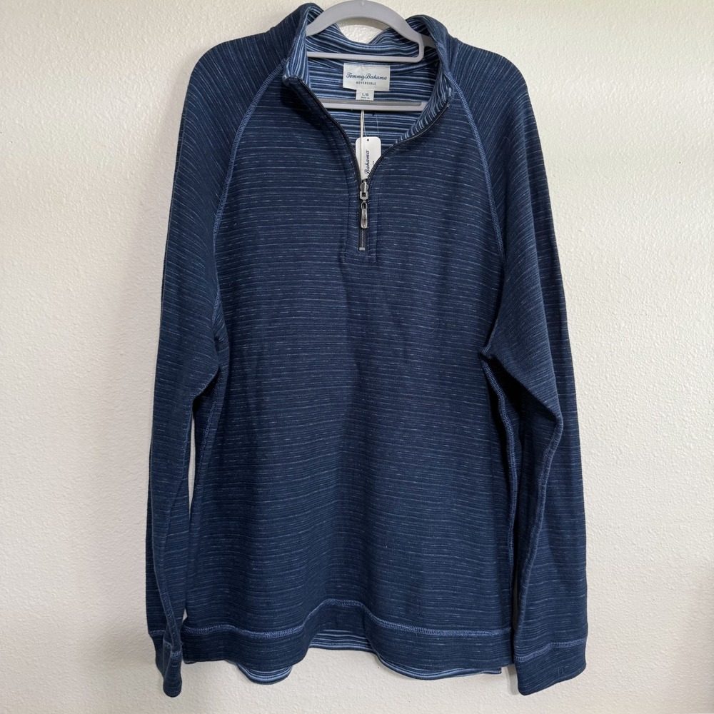 Tommy Bahama Flip Breaker Sweater Men's Large Blue Striped Reversible Half Zip